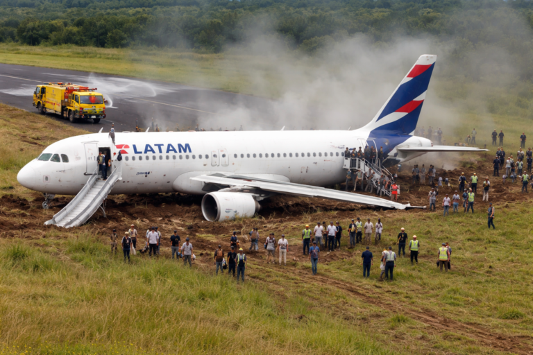 Imagem de capa mostra avião Latam que sai da pista após pouso em Cascavel