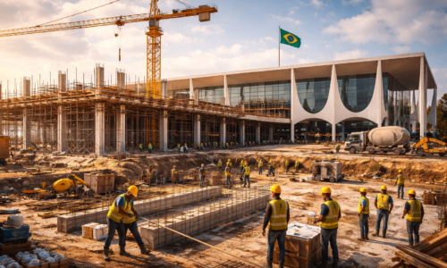 Imagem representa o Supremo Tribunal autorizando a continuação da construção no Palácio Presidencial