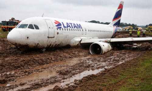 Imagem do avião Latam com 151 pessoas atolado na lama após sair da pista em Cascavel