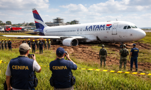 Imagem de capa mostrando avião da Latam após saída de pista no Aeroporto de Cascavel investigado pelo Cenipa