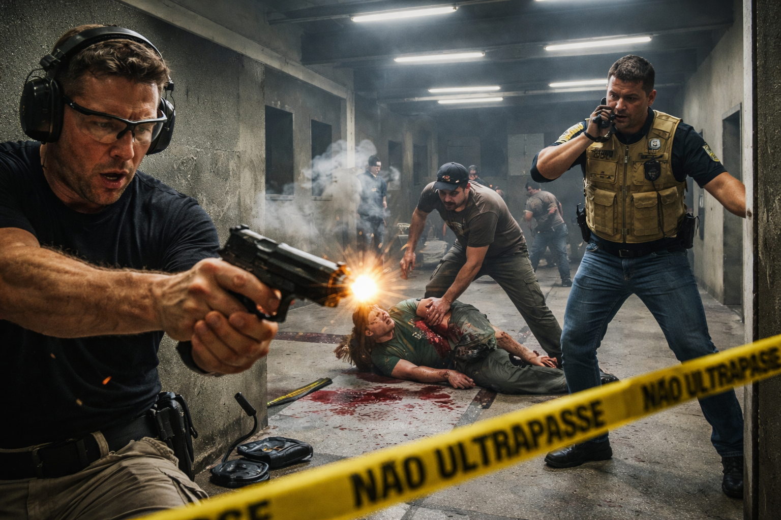 Imagem representando disparo acidental em clube de tiro com falhas de segurança