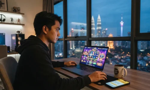 Jogador concentrado em laptop com rascunho automático, café e smartphone na mesa
