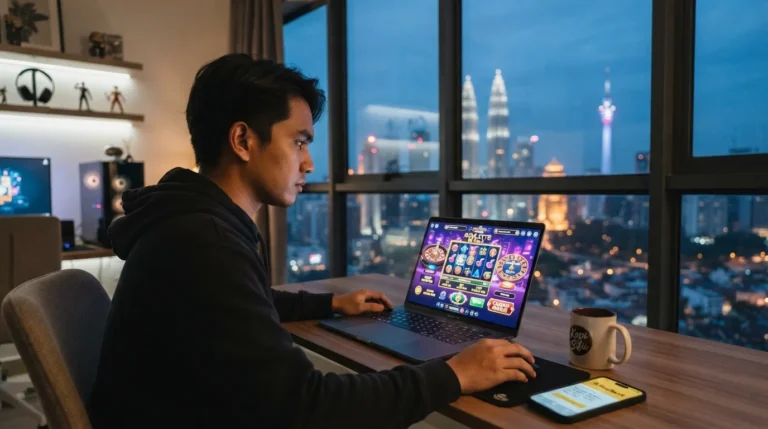 Jogador concentrado em laptop com rascunho automático, café e smartphone na mesa