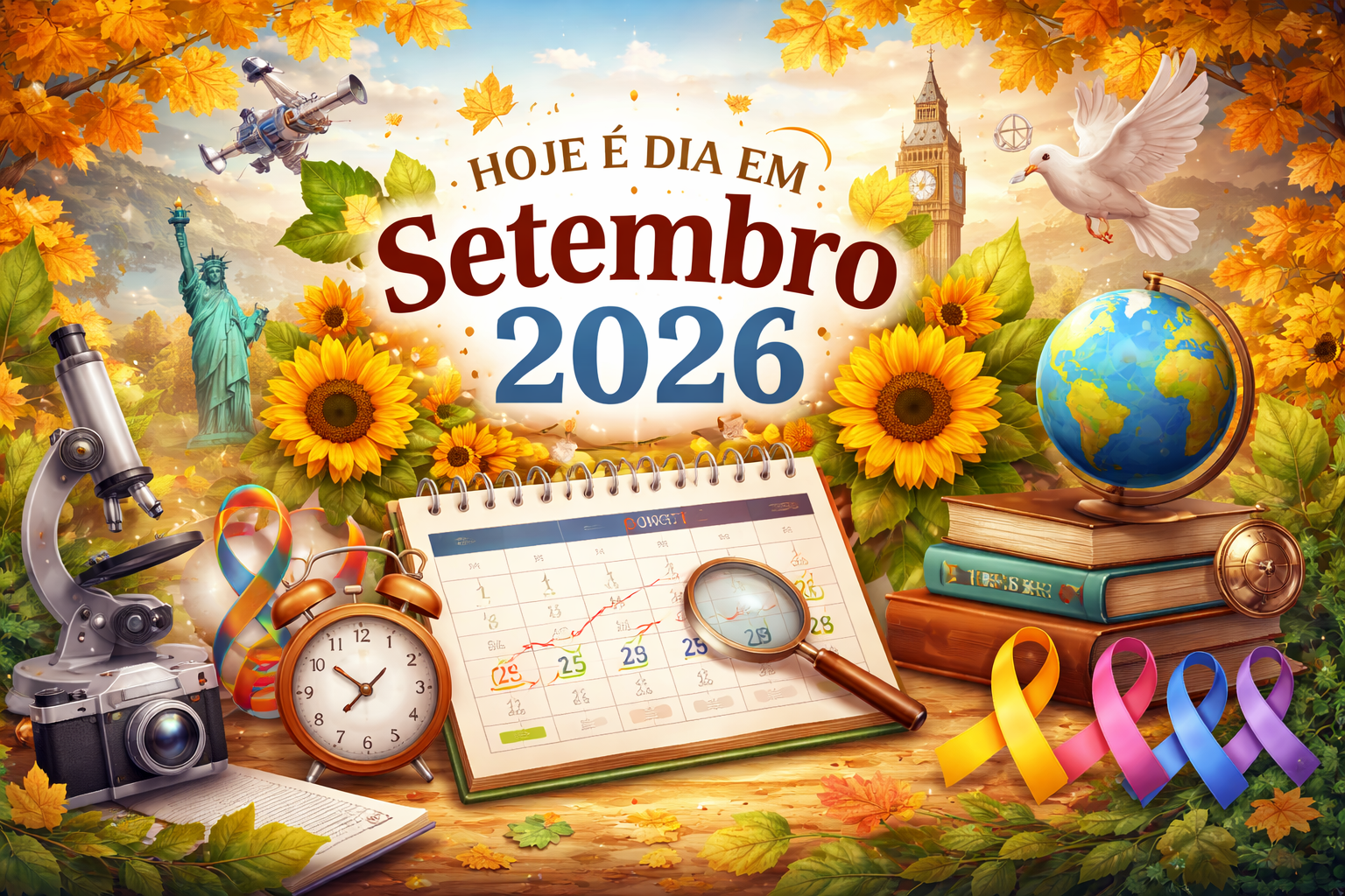Imagem horizontal representando hoje é dia setembro com elementos históricos e campanhas