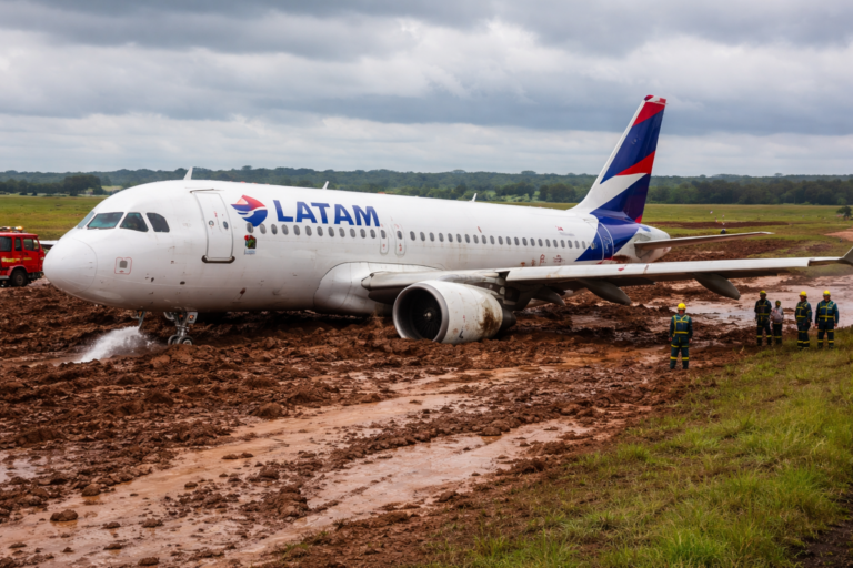 Avião Latam sai pista e fica atolado em lama no Aeroporto de Cascavel