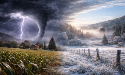 Imagem horizontal 16:9 mostrando cenário do Paraná com queda das temperaturas e geadas após tempestades e ciclone
