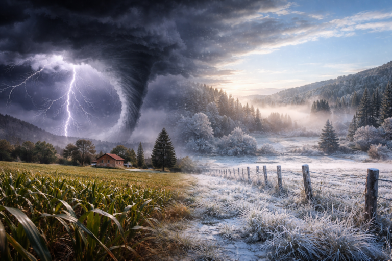 Imagem horizontal 16:9 mostrando cenário do Paraná com queda das temperaturas e geadas após tempestades e ciclone