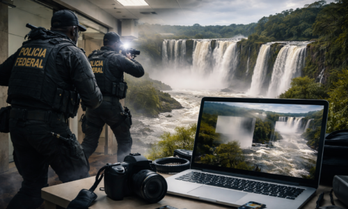 Sede da empresa envolvida morte turista nas Cataratas do Iguaçu com viaturas policiais