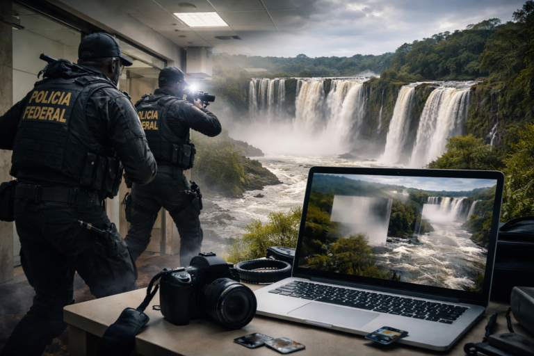 Sede da empresa envolvida morte turista nas Cataratas do Iguaçu com viaturas policiais