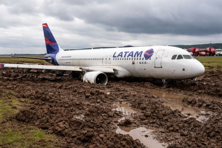 Avião Latam sai pista e fica atolado em área de lama no Aeroporto de Cascavel