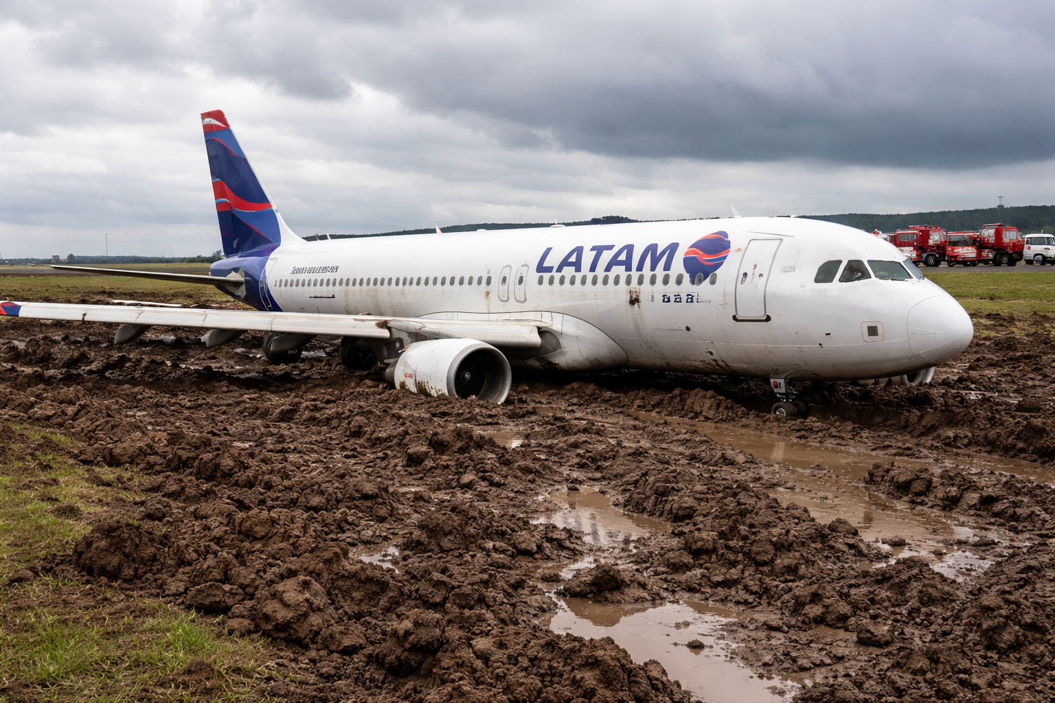 Avião Latam sai pista e fica atolado em área de lama no Aeroporto de Cascavel