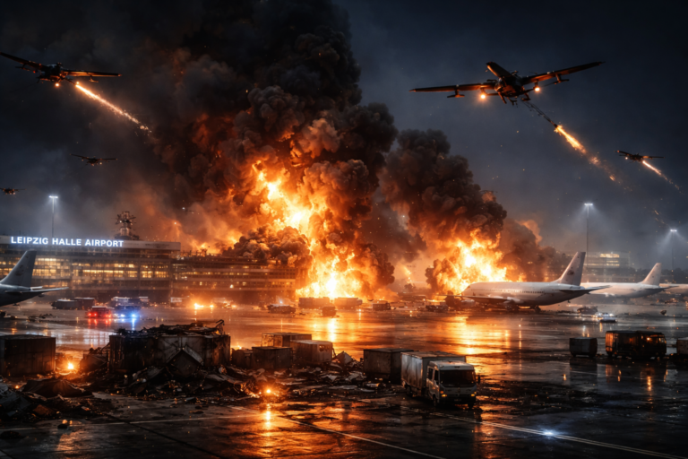 Imagem representando a Alemanha atribui ataque drones ao aeroporto de Leipzig pela Rússia