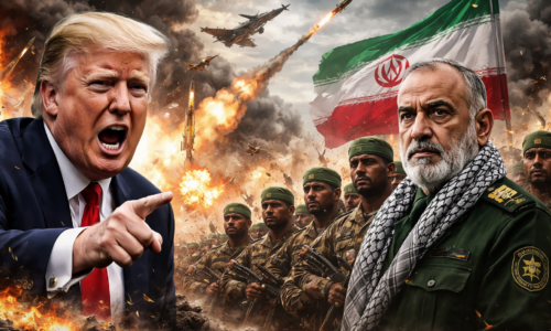 Imagem ilustrativa de tensão entre Trump e Irã, representando ameaça de ataque maior