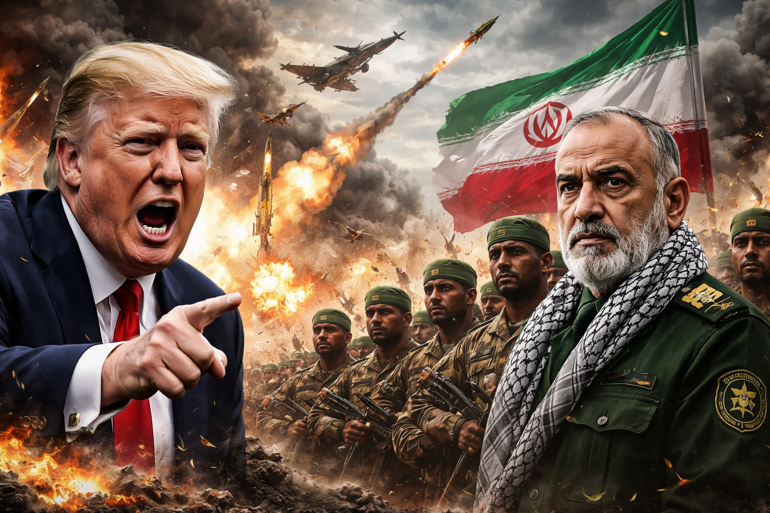 Imagem ilustrativa de tensão entre Trump e Irã, representando ameaça de ataque maior
