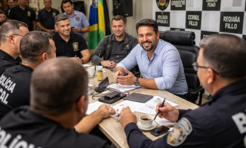 Imagem de Requião Filho realizando entrevista e encontro com policiais civis