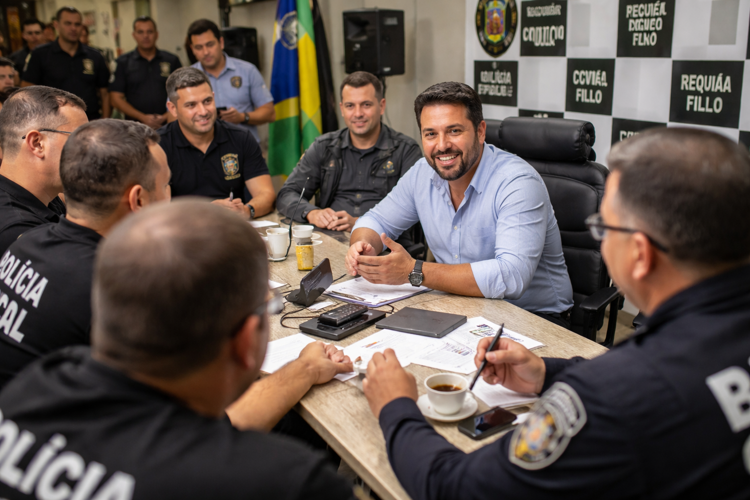 Imagem de Requião Filho realizando entrevista e encontro com policiais civis