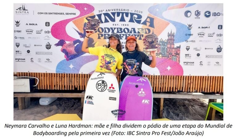 Neymara Carvalho e Luna Hardman: mãe e filha dividem o pódio de uma etapa do Mundial de Bodyboarding pela primeira vez (Foto: IBC Sintra Pro Fest/João Araújo)