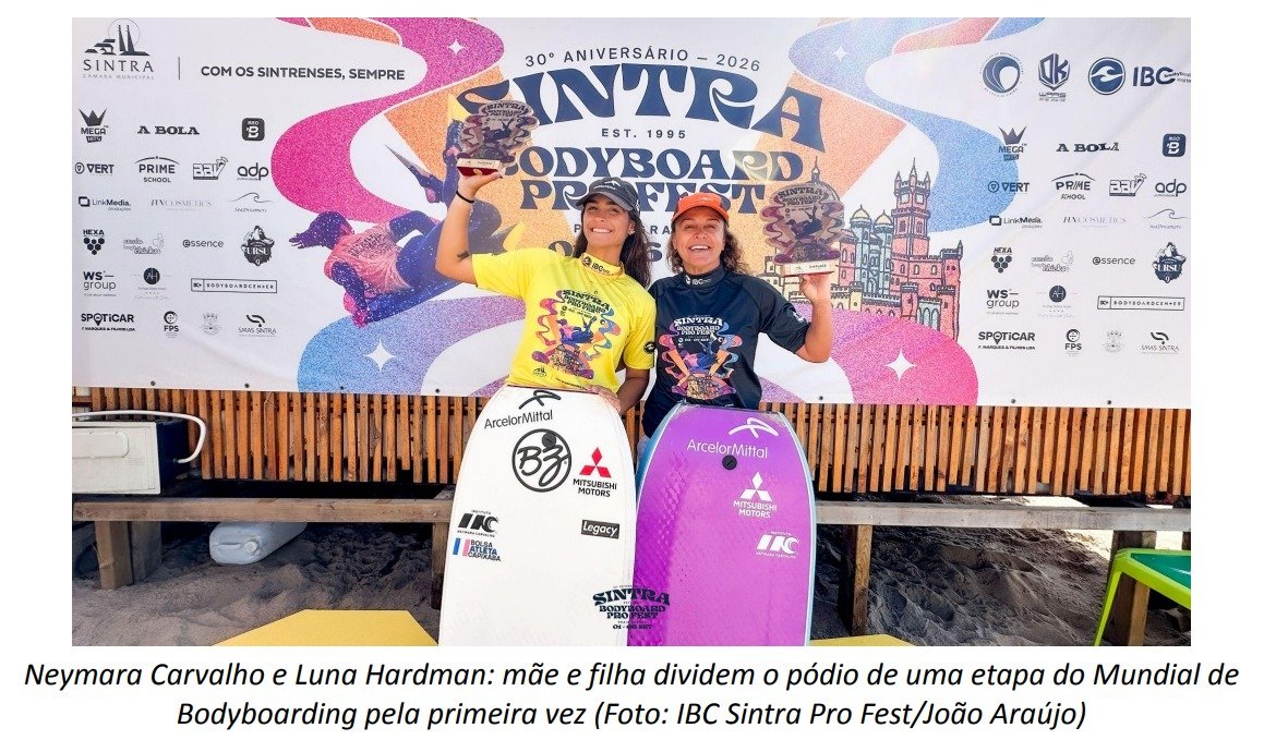 Neymara Carvalho e Luna Hardman: mãe e filha dividem o pódio de uma etapa do Mundial de Bodyboarding pela primeira vez (Foto: IBC Sintra Pro Fest/João Araújo)