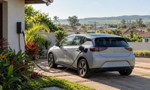 Carro elétrico conectado a um carregador em uma garagem residencial no interior do Paraná.