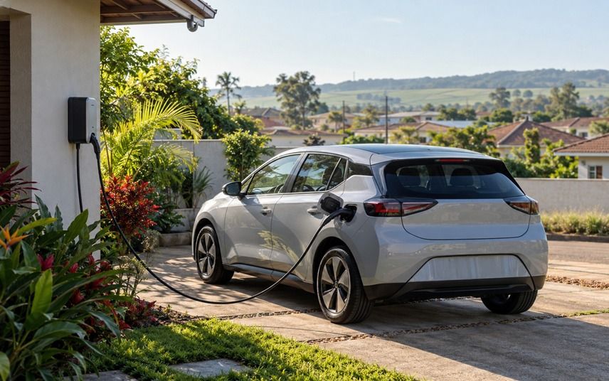 Carro elétrico conectado a um carregador em uma garagem residencial no interior do Paraná.