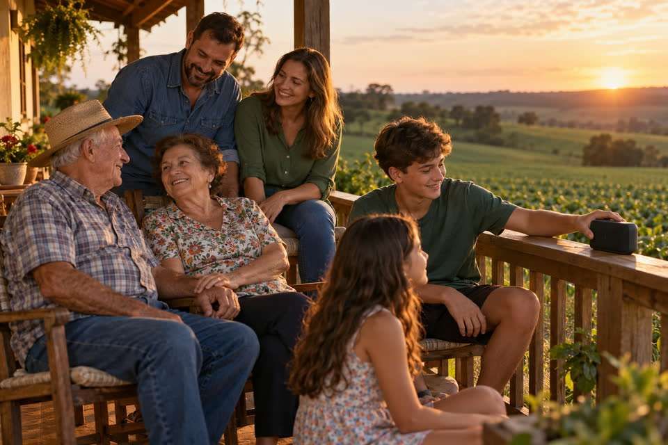 Família de três gerações reunida na varanda de uma casa de sítio no oeste do Paraná, ao entardecer, ouvindo a música dos avós numa caixinha de som.
