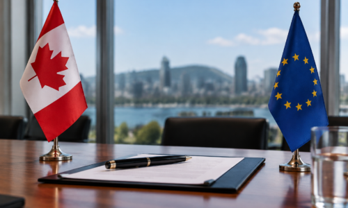 Imagem simbólica de documentos e bandeiras do Canadá e da União Europeia sobre uma mesa, sem pessoas, associada a Von der Leyen.