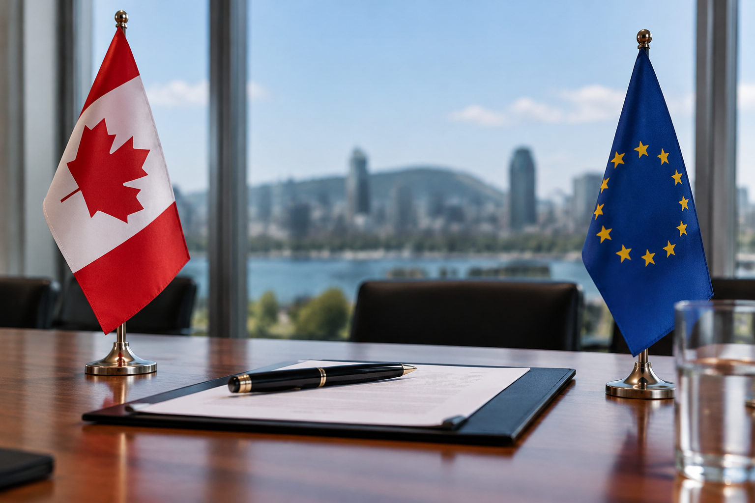 Imagem simbólica de documentos e bandeiras do Canadá e da União Europeia sobre uma mesa, sem pessoas, associada a Von der Leyen.