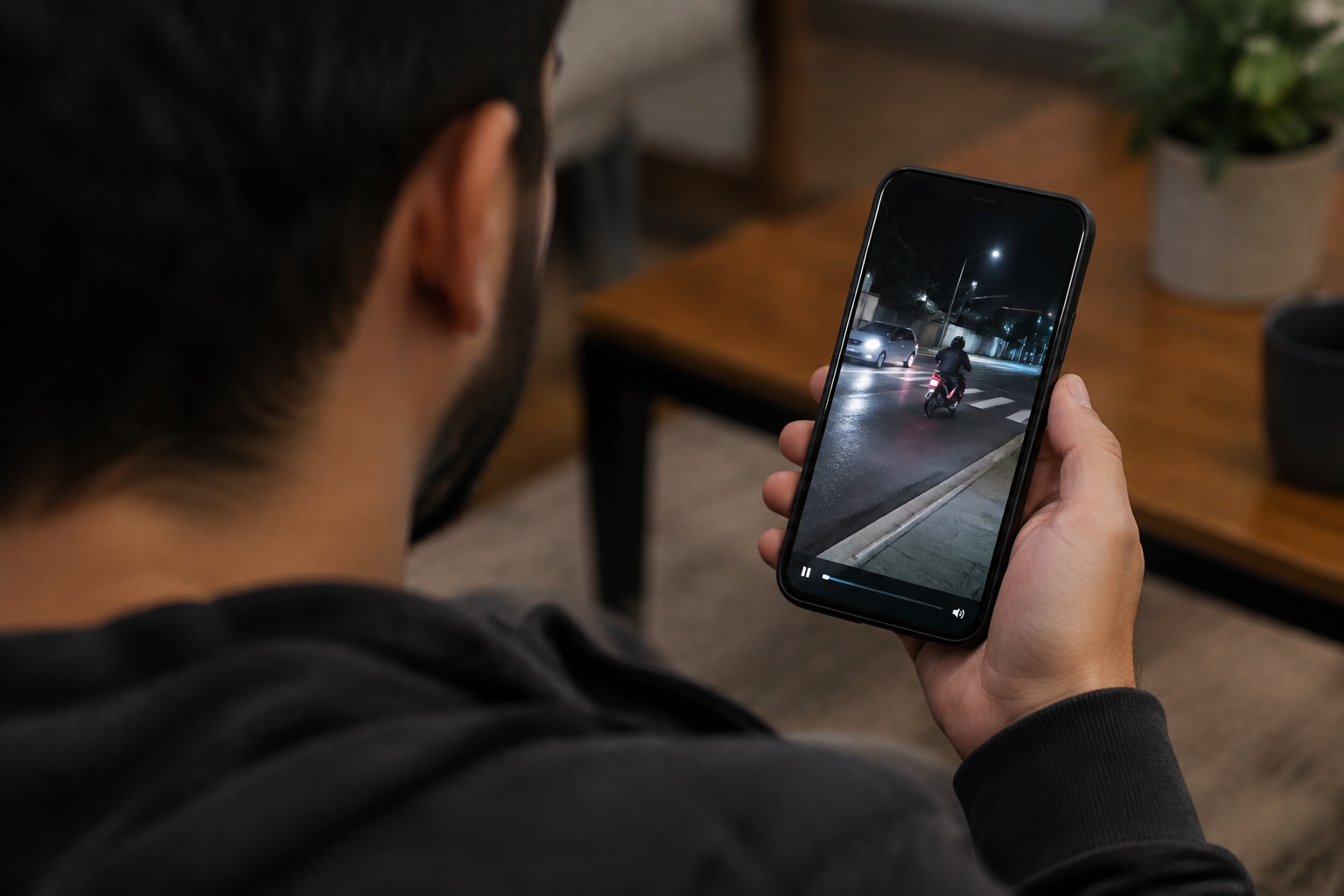 Celular exibe vídeo desfocado sobre acidente nas redes sociais, sem rostos reconhecíveis.