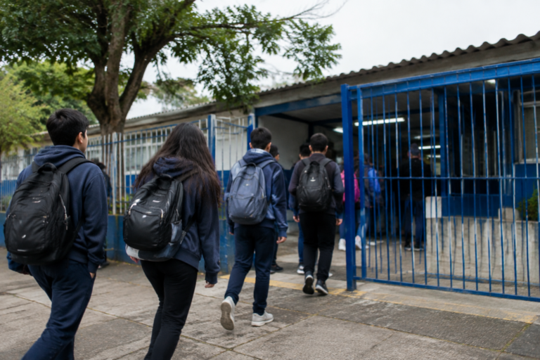 Estudantes em escola municipal de Curitiba representam a transição do 9º ano para a rede estadual.