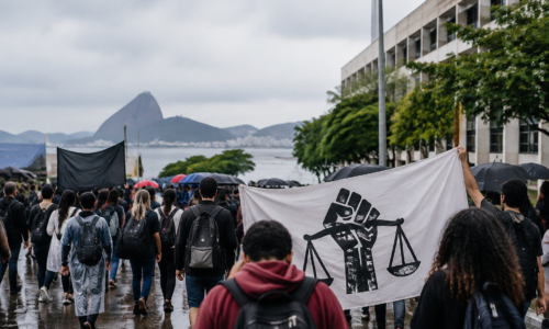 Estudantes em ato simbólico diante de prédio universitário, sob chuva, sem rostos reconhecíveis.