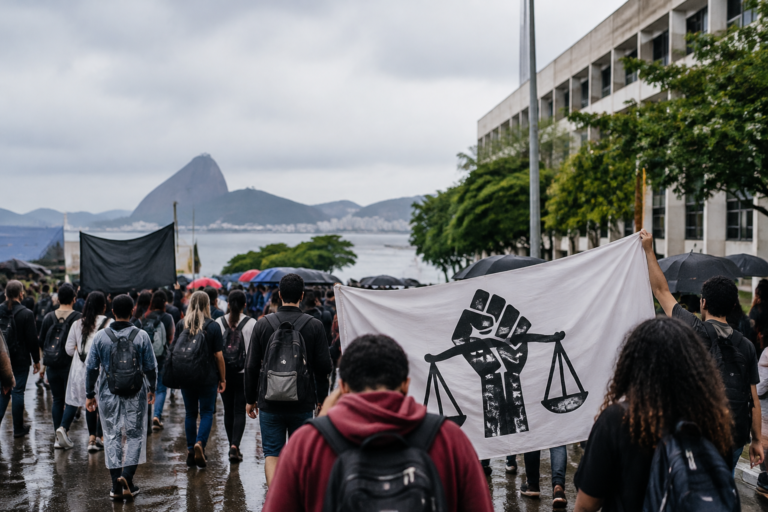 Estudantes em ato simbólico diante de prédio universitário, sob chuva, sem rostos reconhecíveis.