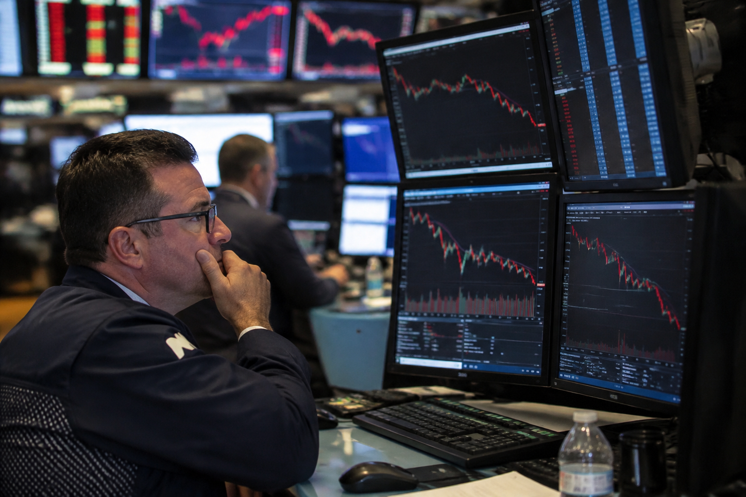 Ações de tecnologia dos EUA em queda, representadas por painel financeiro sem texto em ambiente de mercado.