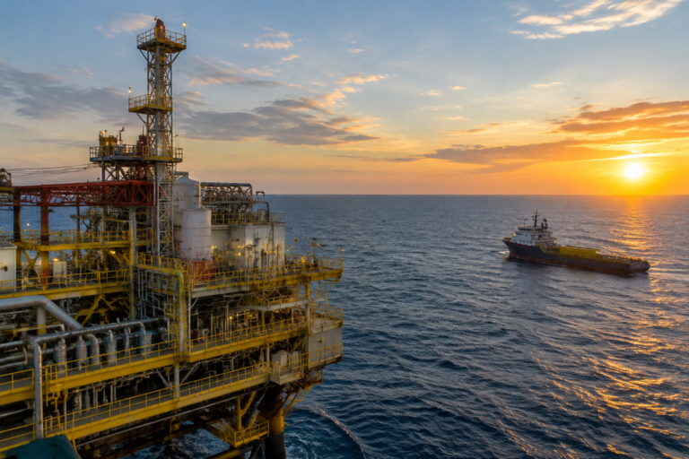 Plataforma de pesquisa no mar representa descoberta de petróleo na bacia da Foz do Amazonas