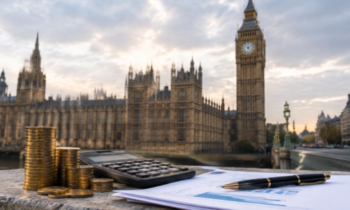 Documentos e calculadora sobre mesa representam a consolidação fiscal e os desafios do orçamento britânico