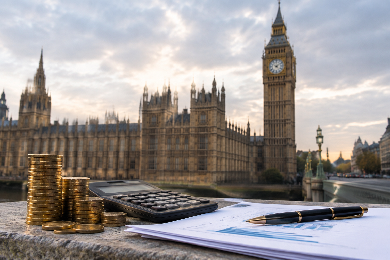 Documentos e calculadora sobre mesa representam a consolidação fiscal e os desafios do orçamento britânico