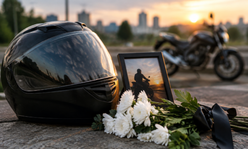 Composição simbólica de motociclista representado por capacete e moto em cenário urbano de Londrina