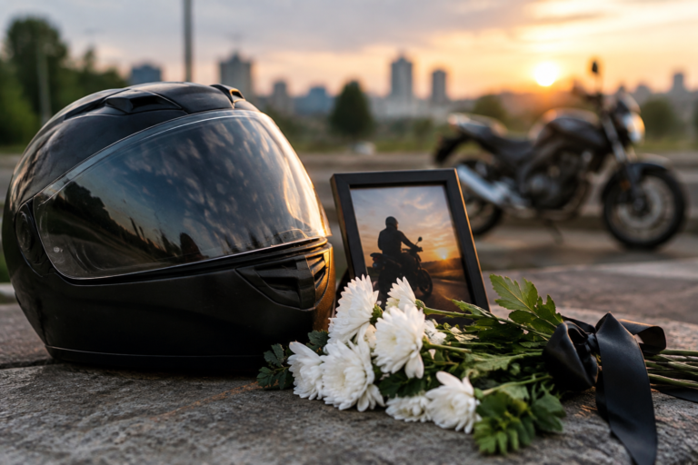 Composição simbólica de motociclista representado por capacete e moto em cenário urbano de Londrina