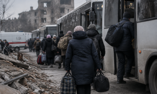 Centenas de moradores deixam Oleshky em ônibus durante uma trégua humanitária