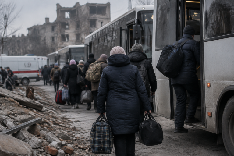 Centenas de moradores deixam Oleshky em ônibus durante uma trégua humanitária
