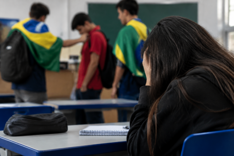 Estudantes representados por mochilas e cadernos em ambiente escolar, sem rostos visíveis.